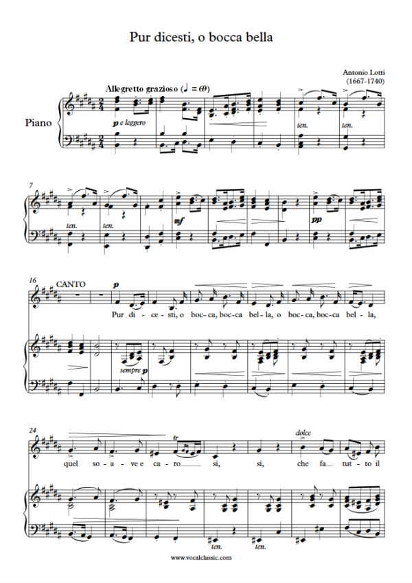 A. Lotti : Pur dicesti, o bocca bella (B Key) PDF Sheet music