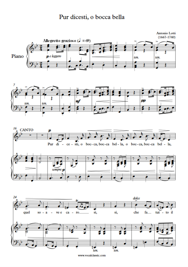 A. Lotti : Pur dicesti, o bocca bella (Bb Key) PDF Sheet music