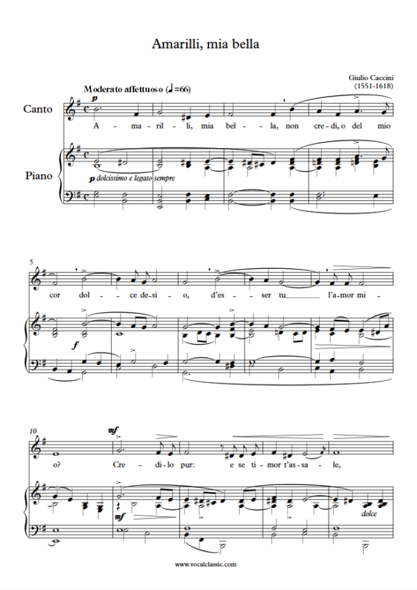 G. Caccini : Amarilli, mia bella (E minor Key) PDF Sheet music