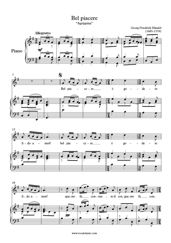 G. F. Handel : Bel piacere (G Key, Original) PDF Sheet music