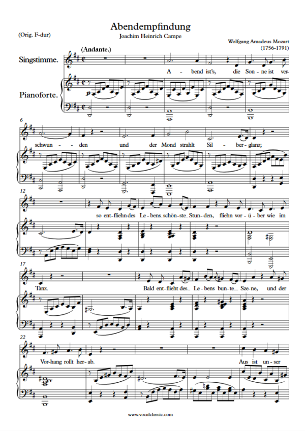 W. A. Mozart : Abendempfindung (D Key) PDF Sheet music