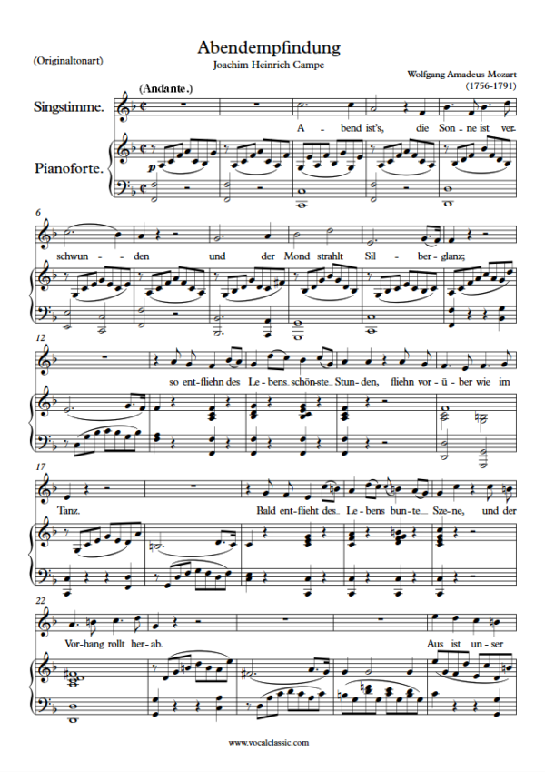 W. A. Mozart : Abendempfindung (F Key, Original) PDF Sheet music