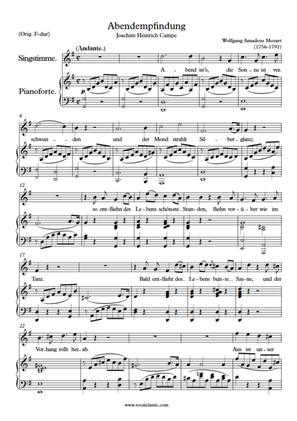 W. A. Mozart : Abendempfindung (G Key) PDF Sheet music