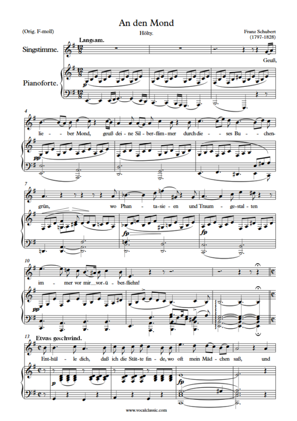 F. Schubert : An den Mond (E minor Key) PDF Sheet music