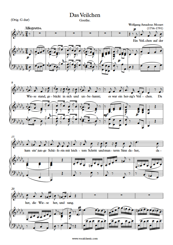 W. A. Mozart : Das Veilchen (Db Key) PDF Sheet music