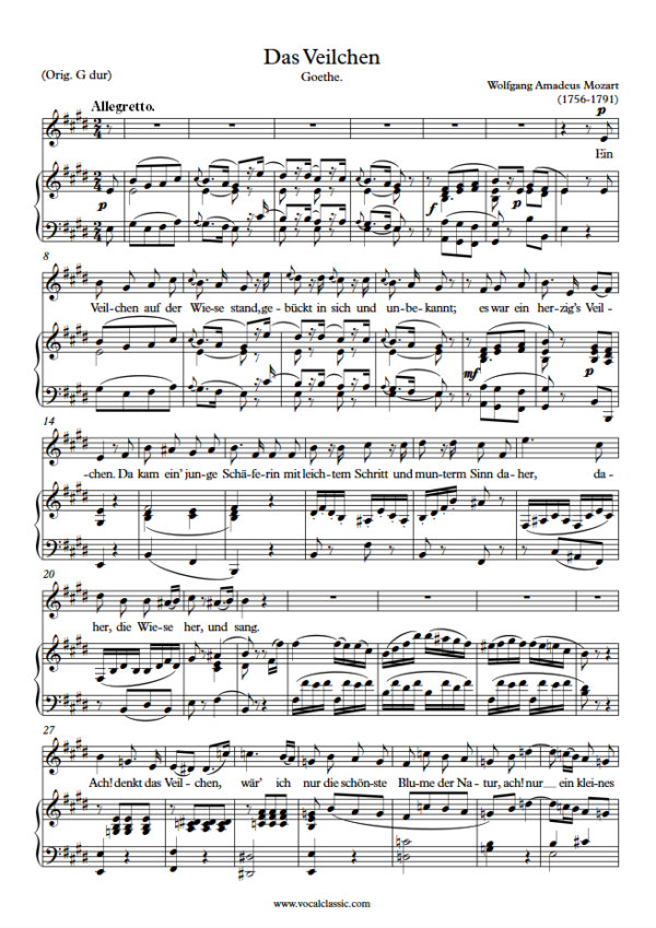 W. A. Mozart : Das Veilchen (E Key) PDF Sheet music