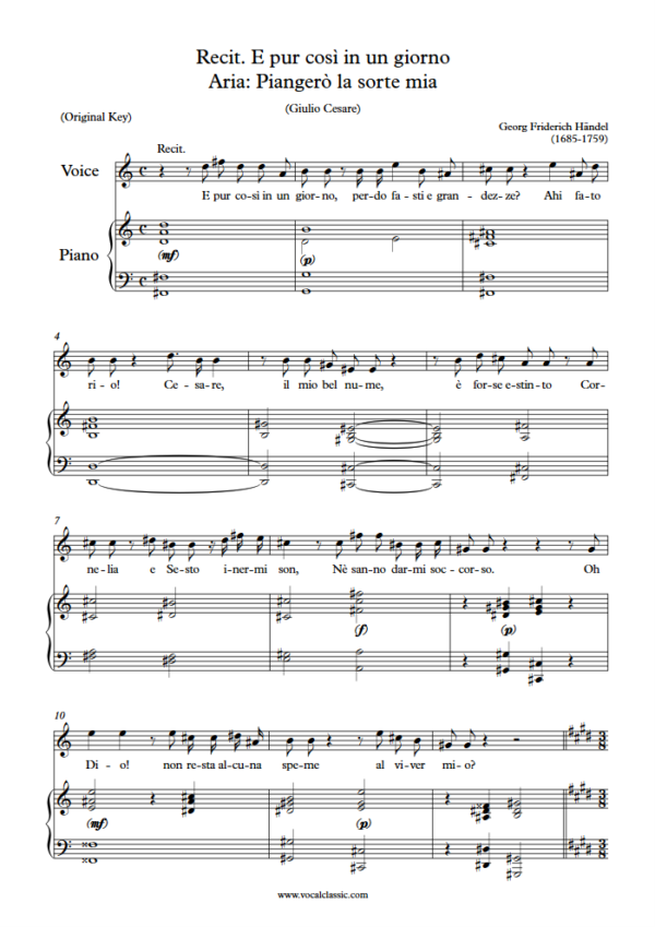 G. F. Handel : Piangerò la sorte mia (E Key, Original) PDF Sheet music