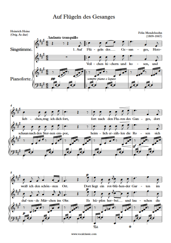 F. Mendelssohn : Auf Flügeln des Gesanges (A Key) PDF Sheet music