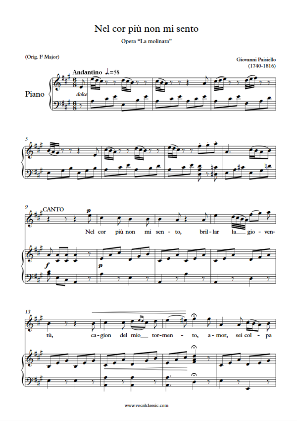 G. Paisiello : Nel cor più non mi sento (A Key) PDF Sheet music