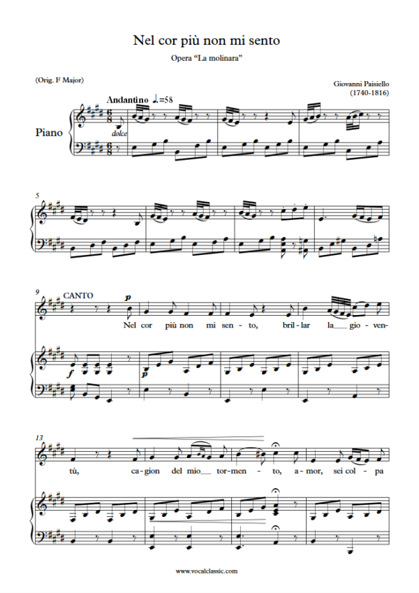 G. Paisiello : Nel cor più non mi sento (E Key) PDF Sheet music