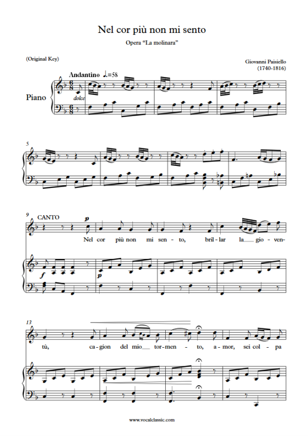 G. Paisiello : Nel cor più non mi sento (F Key, Original) PDF Sheet music