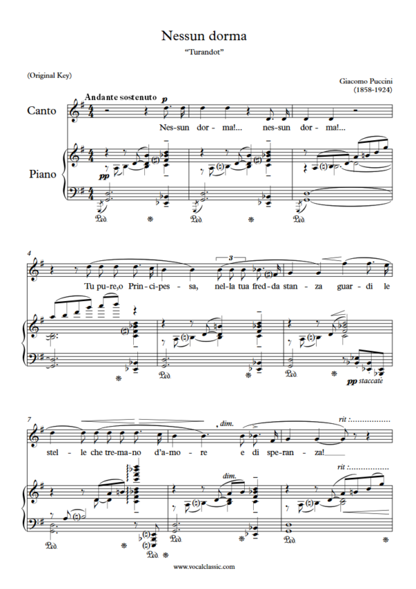 G. Puccini : Nessun dorma (G Key, Original) PDF Sheet music