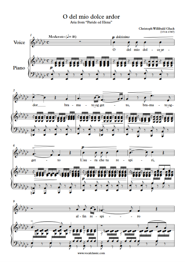 C. Gluck : O del mio dolce ardor (Eb minor Key) PDF Sheet music