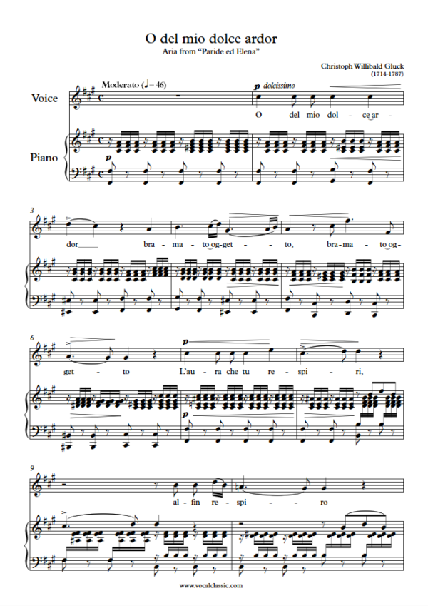 C. Gluck : O del mio dolce ardor (F sharp minor Key) PDF Sheet music