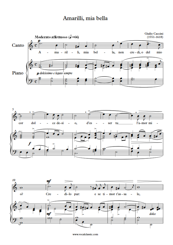 G. Caccini : Amarilli, mia bella (A minor Key) PDF Sheet music