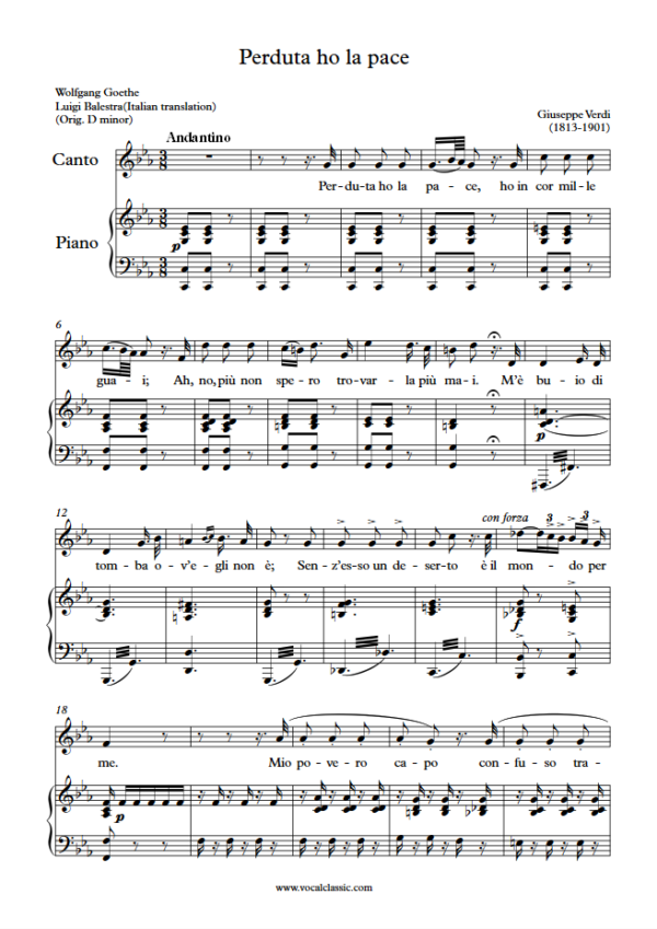 G. Verdi : Perduta ho la pace (C minor Key) PDF Sheet music