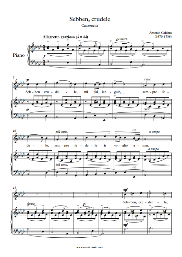 A. Caldara : Sebben, crudele (F minor Key) PDF Sheet music