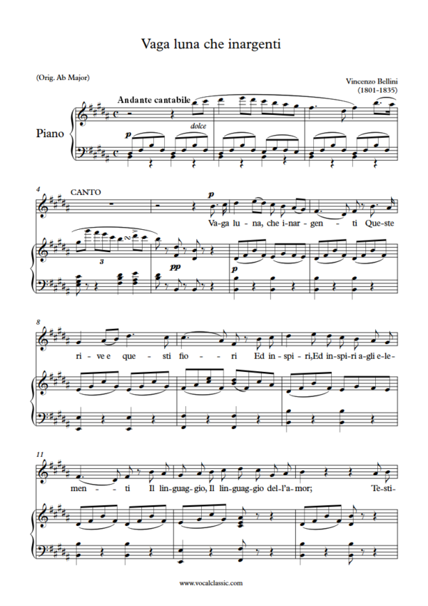 V. Bellini : Vaga luna, che inargenti (B Key) PDF Sheet music