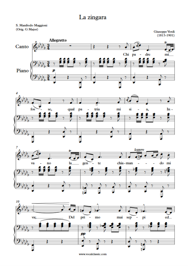 G. Verdi : La zingara (Db Key) PDF Sheet music