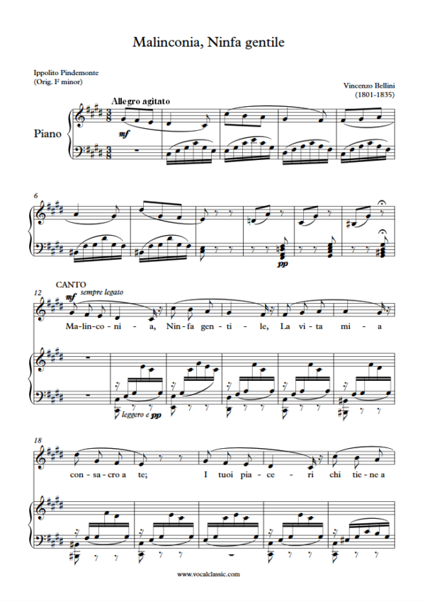 V. Bellini : Malinconia, Ninfa gentile (C sharp minor Key) PDF Sheet music