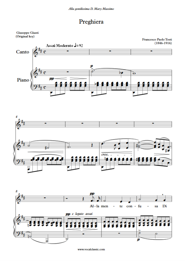 F. P. Tosti : Preghiera (D Key, Original) PDF Sheet music