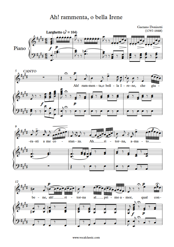 G. Donizetti : Ah! rammenta, o bella Irene (E Key) PDF 2023 한예종 여자 입시곡 Sheet music