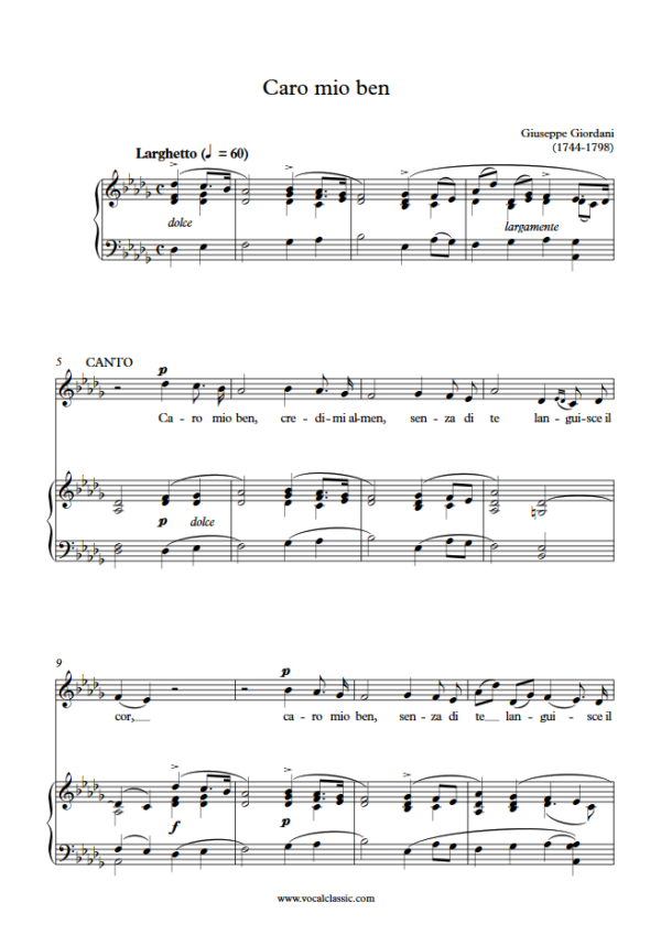 G. Giordani : Caro mio ben (Db Key, Original) PDF Sheet music