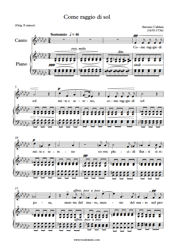 A. Caldara : Come raggio di sol (Eb minor Key) PDF Sheet music