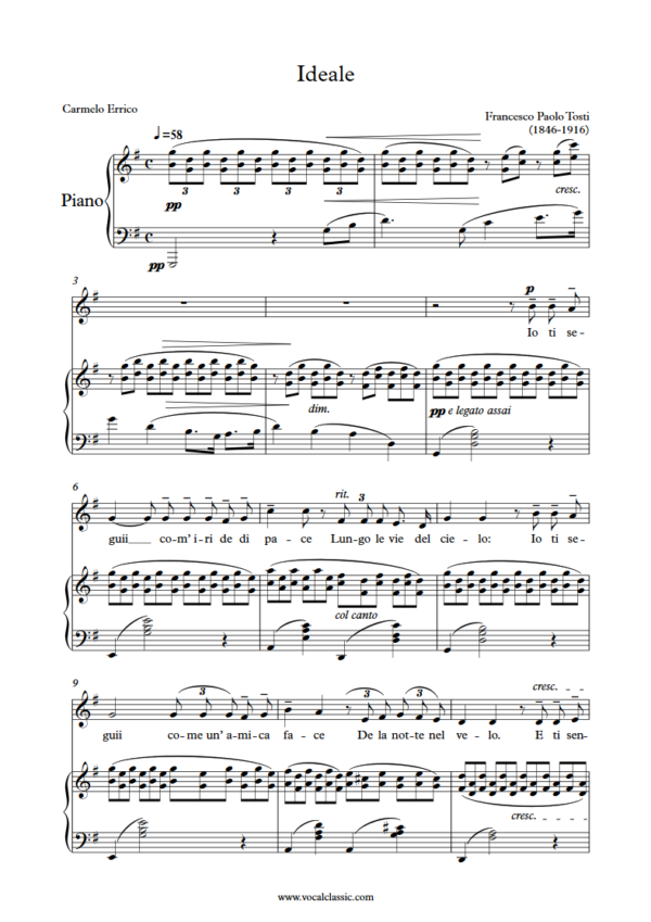 F. P. Tosti : Ideale (G Key) for medium voice PDF – 4 pages Sheet music