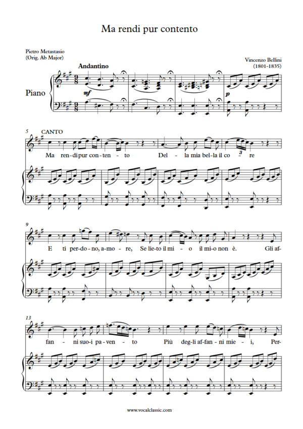 V. Bellini : Ma rendi pur contento (A Key) PDF Sheet music