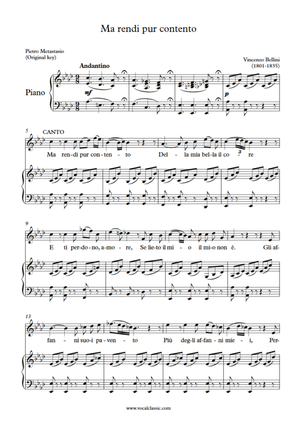 V. Bellini : Ma rendi pur contento (Ab Key, Original) PDF Sheet music