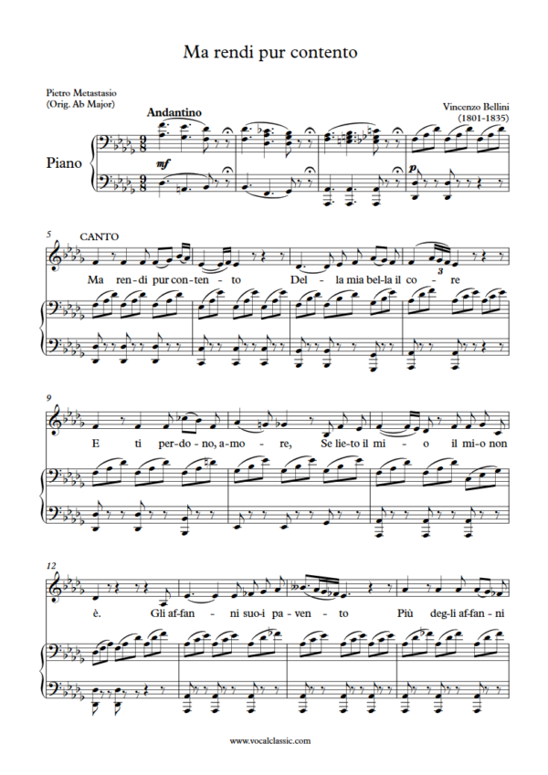 V. Bellini : Ma rendi pur contento (Db Key) PDF Sheet music