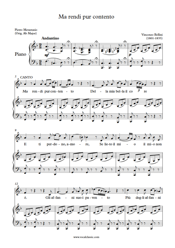 V. Bellini : Ma rendi pur contento (F Key) PDF Sheet music