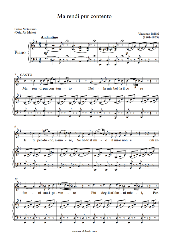 V. Bellini : Ma rendi pur contento (G Key) PDF Sheet music