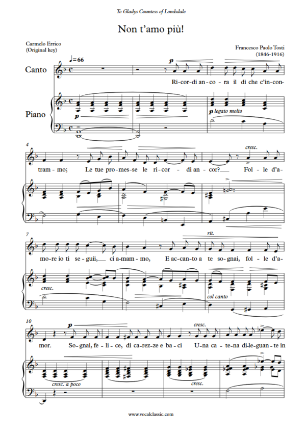 F. P. Tosti : Non t’amo più (D minor Key, Original) PDF Sheet music