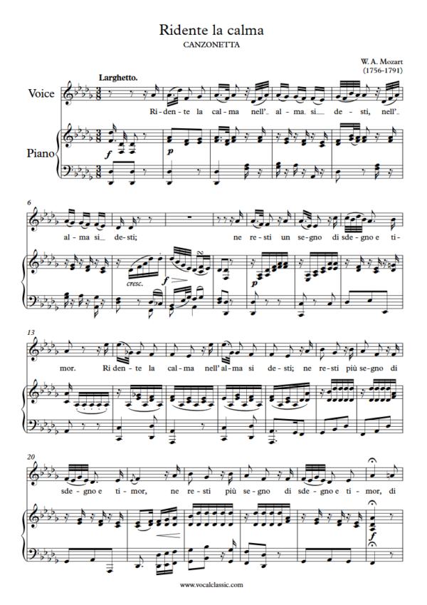 W. A. Mozart : Ridente la calma (Db Key) PDF Sheet music