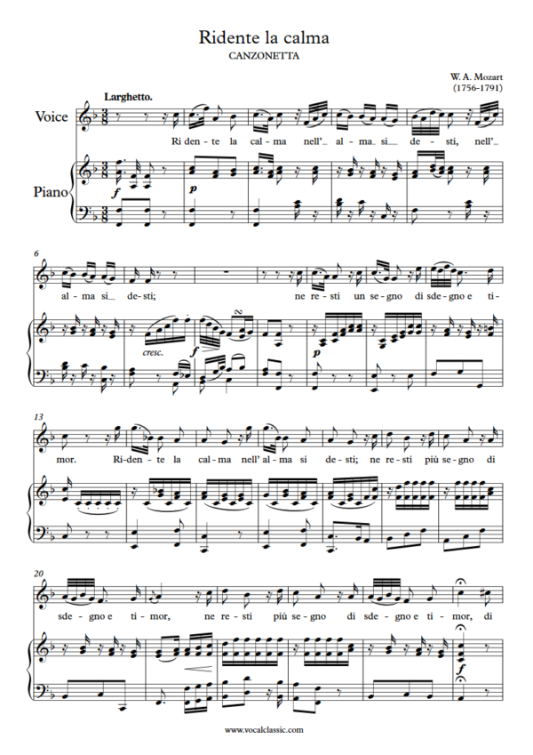 W. A. Mozart : Ridente la calma (F Key, Original) PDF Sheet music