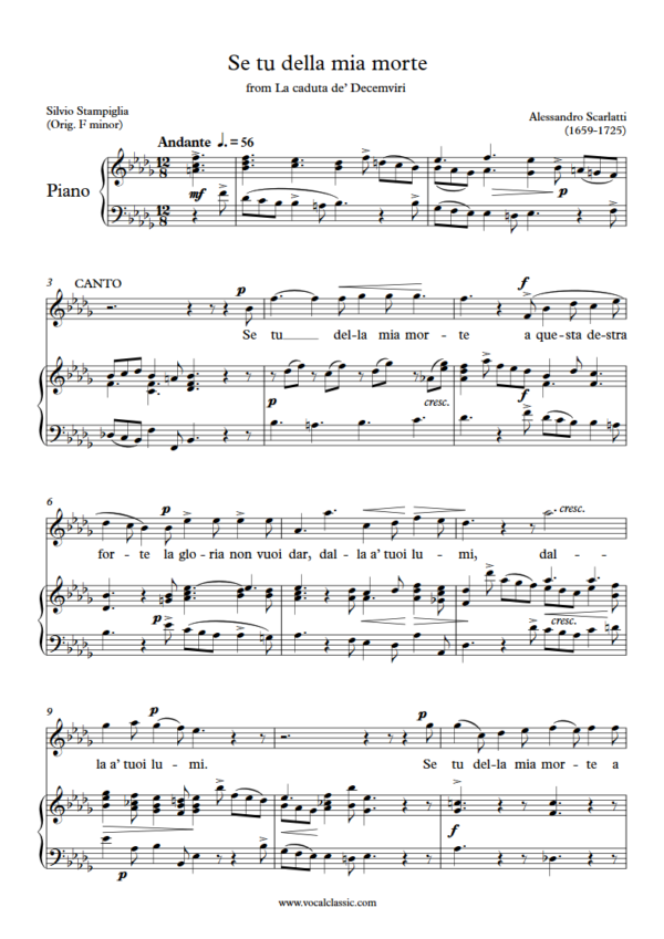 A. Scarlatti : Se tu della mia morte (Bb minor key) PDF Sheet music