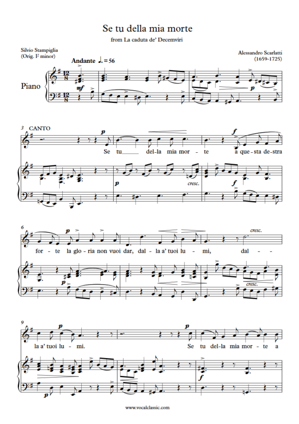 A. Scarlatti : Se tu della mia morte (E minor key) PDF Sheet music