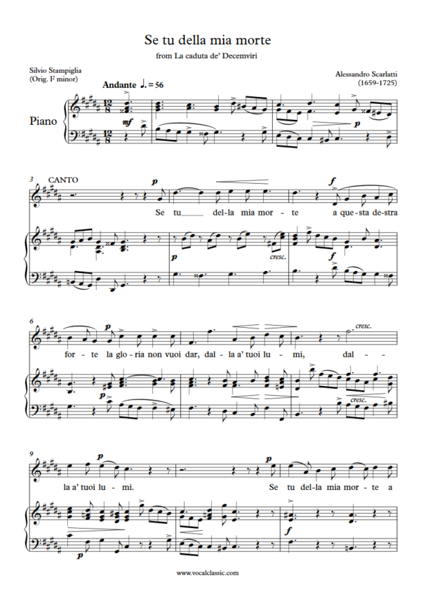 A. Scarlatti : Se tu della mia morte (G sharp minor key) PDF Sheet music