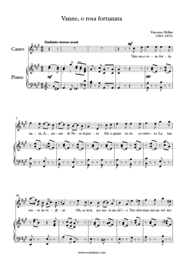 V. Bellini : Vanne, o rosa fortunata (A Key) PDF 2023 한예종 남자 입시곡 Sheet music