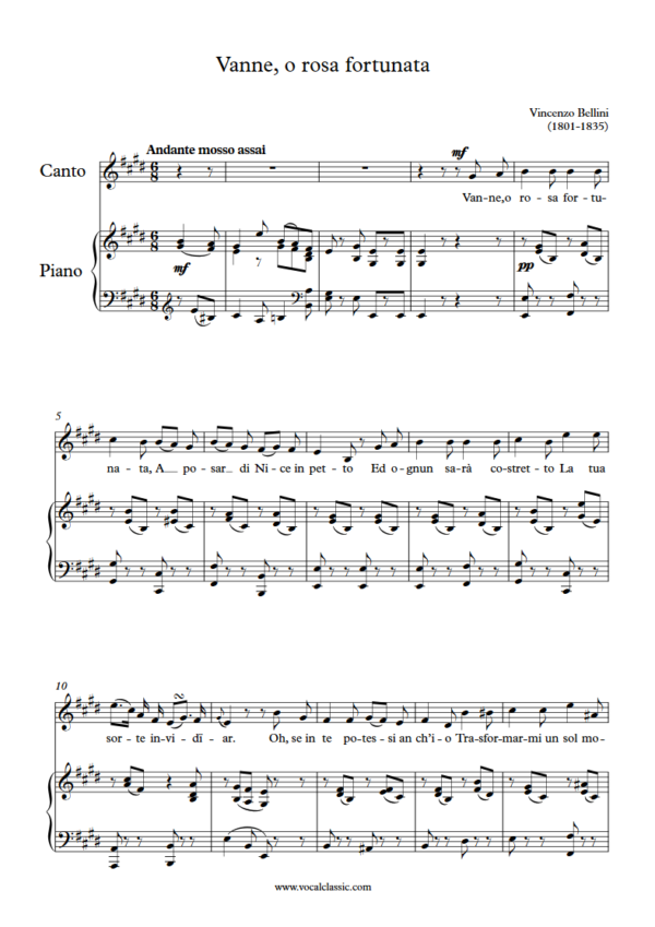 V. Bellini : Vanne, o rosa fortunata (E Key) PDF 2023 한예종 남자 입시곡 Sheet music