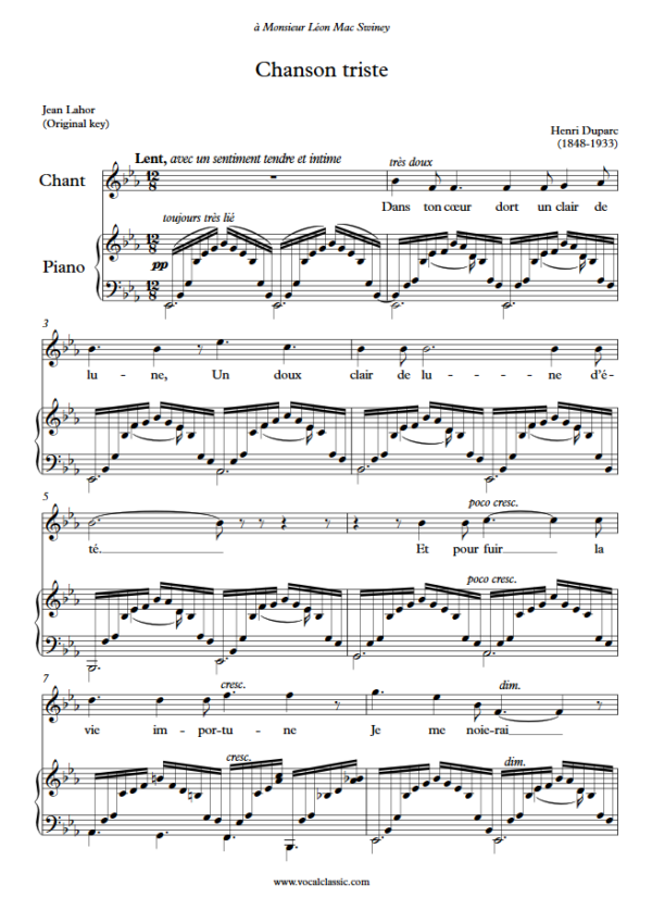 H. Duparc : Chanson triste (Eb Key, Original) PDF Sheet music