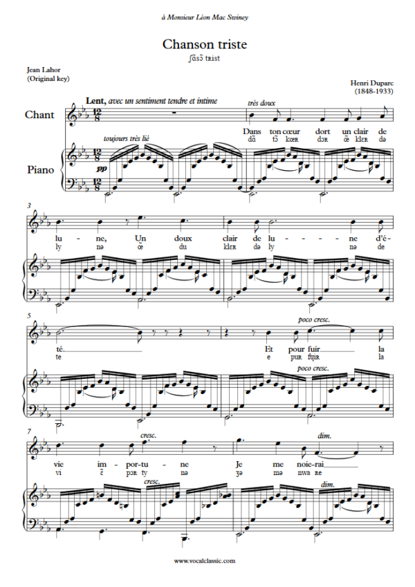 H. Duparc : Chanson triste with IPA (Eb Key, Original) PDF Sheet music