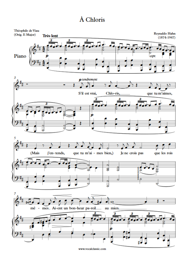 R. Hahn : À Chloris (D Key) PDF Sheet music