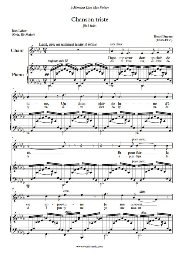 H. Duparc : Chanson triste with IPA (Db Key) PDF Sheet music