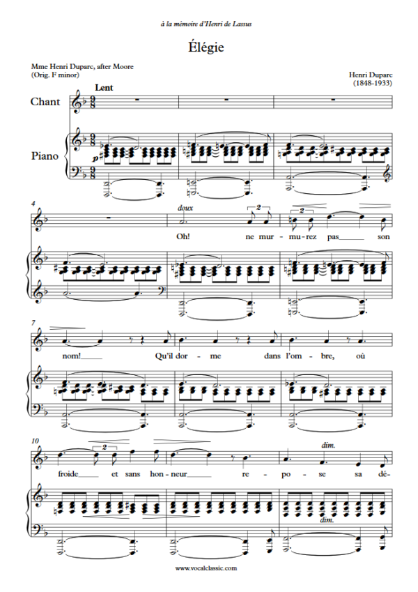 H. Duparc : Élégie (D minor Key) PDF Sheet music