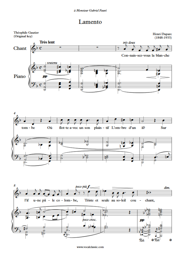 H. Duparc : Lamento (D minor Key, Original) PDF Sheet music