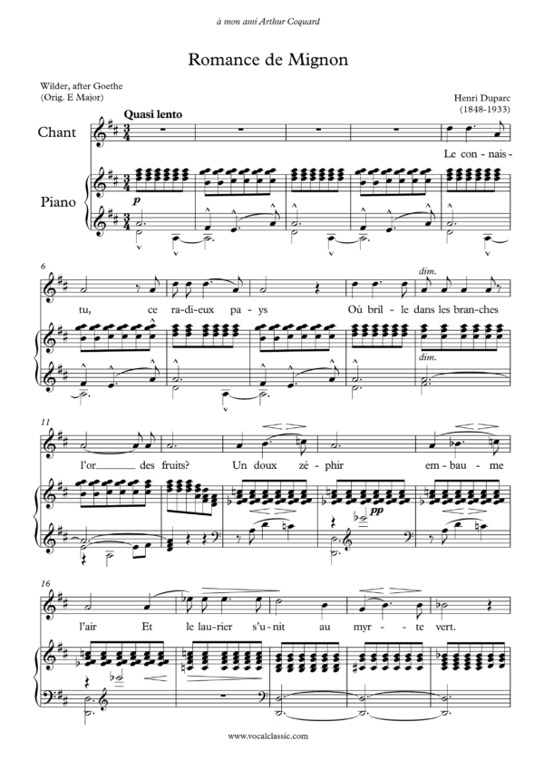 H. Duparc : Romance de Mignon (D Key) PDF Sheet music