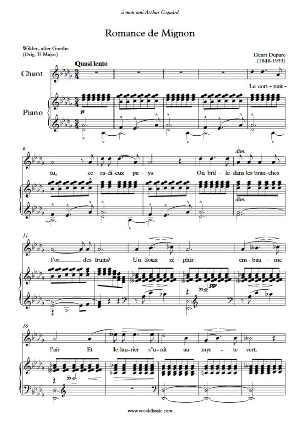 H. Duparc : Romance de Mignon (Db Key) PDF Sheet music